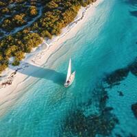 Sailboat gliding over turquoise waters near a sandy beach in a tropical paradise photo