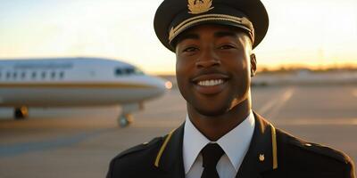 Pilot smiles confidently during sunset at the airport near the airplane photo