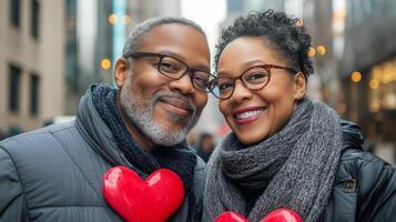 Couple celebrating love with heart-shaped props in a city street during daytime photo