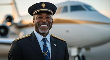 Professional airline pilot smiles confidently in front of business jet at sunset photo