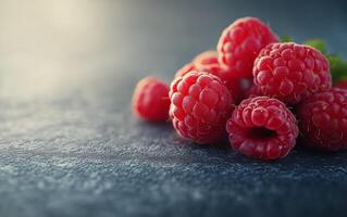 Fresh raspberries on a dark stone surface close to sunset light in a kitchen setting photo
