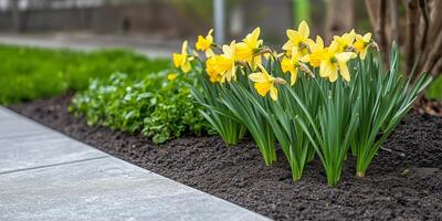 Bright yellow daffodils bloom alongside lush green plants in a spring garden photo