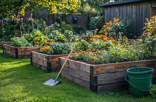 Vibrant garden with raised beds, blooming flowers, and gardening tools in a sunny backyard setting photo