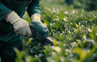 Gardener trimming green tea bushes with electric shear in sunny daylight photo