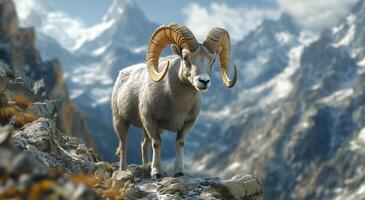 Majestic mountain ram stands proudly on rocky terrain against a breathtaking backdrop photo
