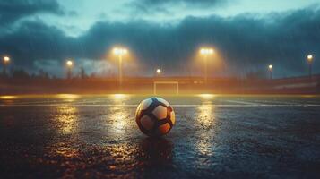 Soccer ball on wet field under dramatic sky at dusk after rain photo