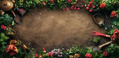 Garden bed preparation with colorful plants and gardening tools arranged neatly photo