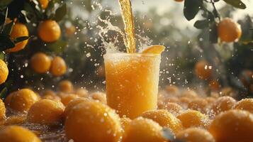 Freshly squeezed beverage surrounded by ripe oranges in sunlight photo