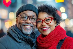 Couples enjoy a joyful moment in the vibrant city at night with colorful lights in the background photo