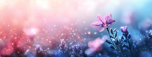 Colorful blooming flowers in a soft, dreamy background with sparkles at dawn photo