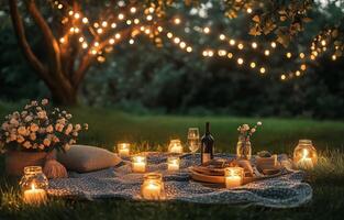 Romantic evening picnic under string lights in a serene garden setting photo