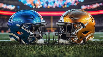 Football helmets displayed on the field during a championship game photo