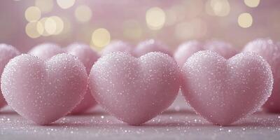 Beautiful pink sugar hearts displayed on a soft background with sparkling lights for celebrations photo