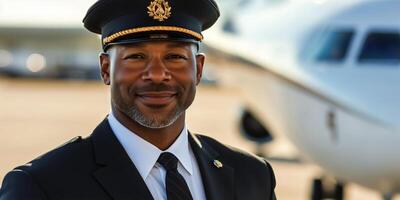 Pilot in uniform stands proudly beside airplane at airfield during bright daylight photo