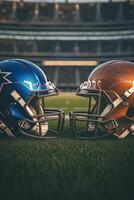 Rival football helmets ready for competition in a stadium setting during game day photo