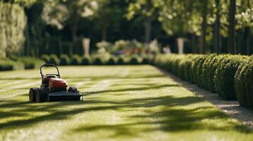 Lawn mower cuts grass in beautifully manicured garden during sunny afternoon photo