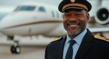 Experienced pilot poses confidently in front of private jet at an airport photo