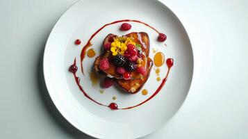 Delicious stack of French toast topped with fresh berries and syrup on a white plate photo