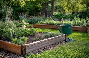 Bright garden beds filled with vegetables and flowers in a sunny outdoor space photo