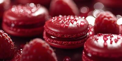 Delicious red macarons surrounded by fresh raspberries on a dark surface photo