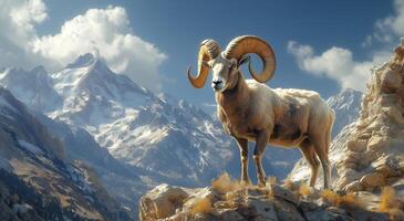 Majestic bighorn sheep stands proudly on mountain peak under clear sky photo