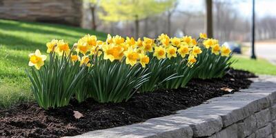 Fresh daffodils bloom in a well-kept garden along a sunny roadside in springtime photo