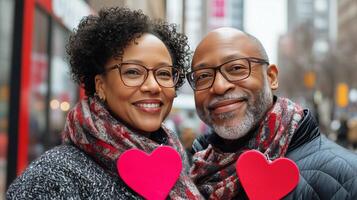 Couple celebrating love in a busy city street with heart symbols on a chilly day photo