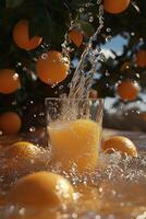 Fresh orange juice splashes from a glass surrounded by ripe oranges in sunny orchard photo