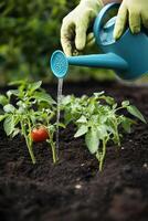 Watering tomato plants in a garden setting on a sunny day in spring photo