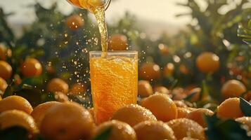 Freshly squeezed orange juice being poured into a glass surrounded by ripe oranges at sunset photo