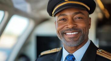 Pilot with a confident smile in a cockpit during daylight hours photo