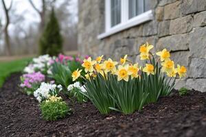 Yellow daffodils bloom beside a stone wall in a spring garden photo