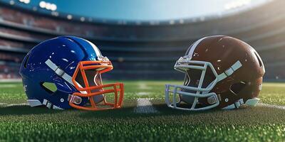 Football helmets on a field ready for a match in a professional stadium setting during daytime photo