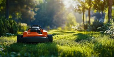 Lawn mower cutting grass in a sunlit garden during afternoon photo