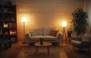 Cozy living room with warm lighting and plants in a modern space photo