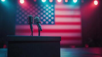 micrófonos en podio con americano bandera fondo Listo para próximo político habla o debate foto