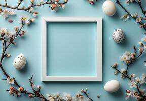 Decorative spring arrangement with eggs and flowers on a blue background photo