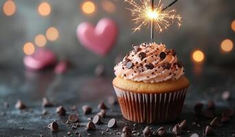 Delicious cupcake with chocolate sprinkles and sparkler in celebration setting photo