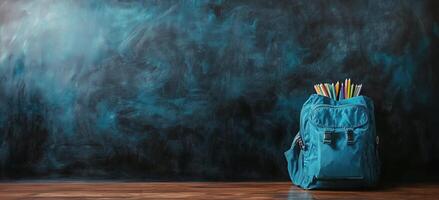 Brightly colored school supplies emerge from a blue backpack on a wooden floor against a dark background photo
