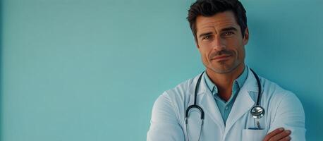 Confident doctor poses with arms crossed against a blue background in a medical office setting photo
