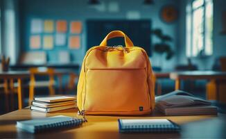 Bright yellow backpack on a classroom desk surrounded by notebooks and textbooks in the morning light photo