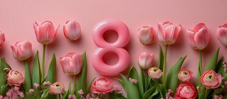 Colorful pink flowers and a pink number eight on a pastel background for celebrations in spring photo