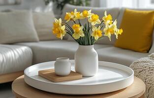 Bright daffodils in a vase on a coffee table in a cozy living room with sunlight streaming in photo