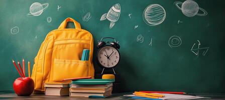 Bright yellow backpack, clock, and books with space doodles on chalkboard in a classroom setting photo