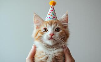 Festive kitten wearing a party hat while being held by a person photo
