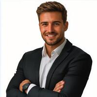 Professional young man in suit smiling confidently with crossed arms against white background photo