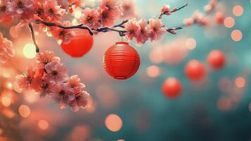 Cherry blossoms and red lanterns create a festive atmosphere in a spring evening garden photo