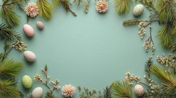 Colorful spring decorations with Easter eggs and foliage on a pastel background photo