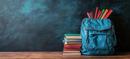 Colorful backpack with school supplies and books on wooden table against blue background photo