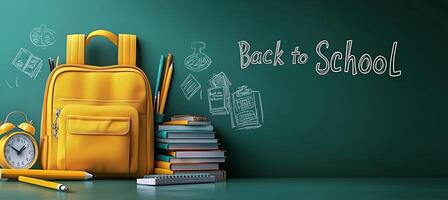 Back to school preparations with a yellow backpack and school supplies on a green chalkboard photo